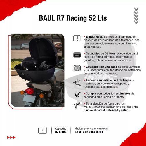 Baul Trasero Caja Moto 2 Cascos 52 Litros R7 Racing R03  Foto 6