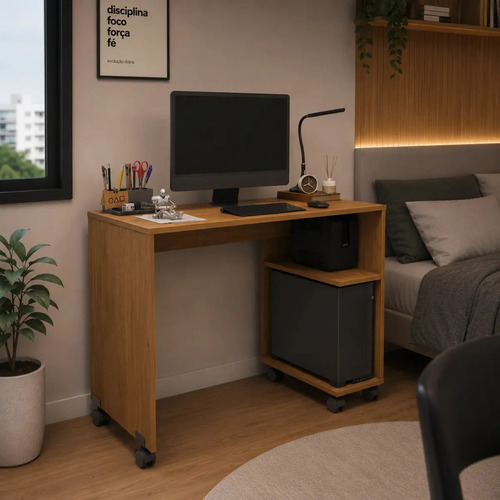 Escrivaninha Móvel Compacta Bancada Multiuso Smart Para Notebook Home Office Mesa De Computador Setup Gamer Mesinha Estudo Para Decoração Quarto Escritório Com Pés Rodízio Loft - Móveis Xpress Freijó