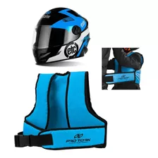 Kit Colete Cinto Segurança Infantil Para Moto + Capacete