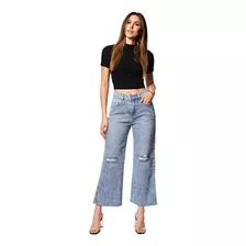 Calça Jeans Wide Leg Cropped Barra A Fio Sawary Oferta