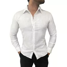 Camisa Masculina Manga Longa Linho Casual Branca Social Slim