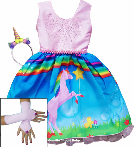 Vestido Unicórnio Rosa Arco Íris Infantil Super Promoção Kit