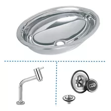 Cuba Inox Lavabo Oval 36x26x11cm + Torneira + Valvula