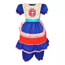 Vestido Infantil Festa Junina Azul Royal Menina Xadrez 