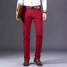 Jeans De Mezclilla Recta Para Hombre, De Color Rojo Vino, A