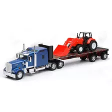 New Ray 1:32 Kenworth W900 Plana Con Tractor Agricola Kubota Color Azul