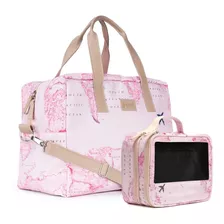 Mala Bolsa De Viagem + Brinde Necessaire Mapa Mundi Rosa