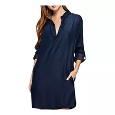 W Vestido De Camisas De Mezclilla Azul Vaquero Con Cuello