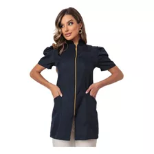 Jaleco Feminino Manga Curta Zíper Oxford Mara Azul Marinho