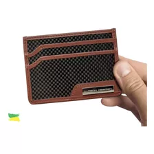 Mini Carteira Minimalista Fibra Carbono Real Marrom Xadrez