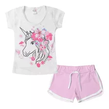 Conjunto Infantil Menina Bebê Verão Unicórnio Flores Branco