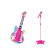 Guitarra Infantil C Microfone Pedestal Toca Mp3 Luz Som Azul