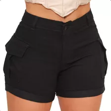 Short Cargo Jeans Feminino Preto Cintura Alta Bolso Lateral