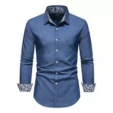 Camisa Casual Masculina Forrada De Jeans De Manga Comprida