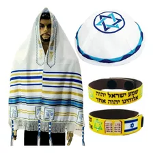 Talit Messiânico Nacional Tzitzit + Kipá Bordado + Pulseira