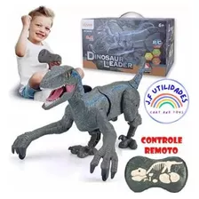 Dinossauro Controle Remoto Velociraptor Recarregavel Luz Som Cor Cinza