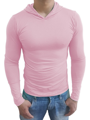 Camiseta Masculina Básica Slim Redonda Com Capuz Manga Longa