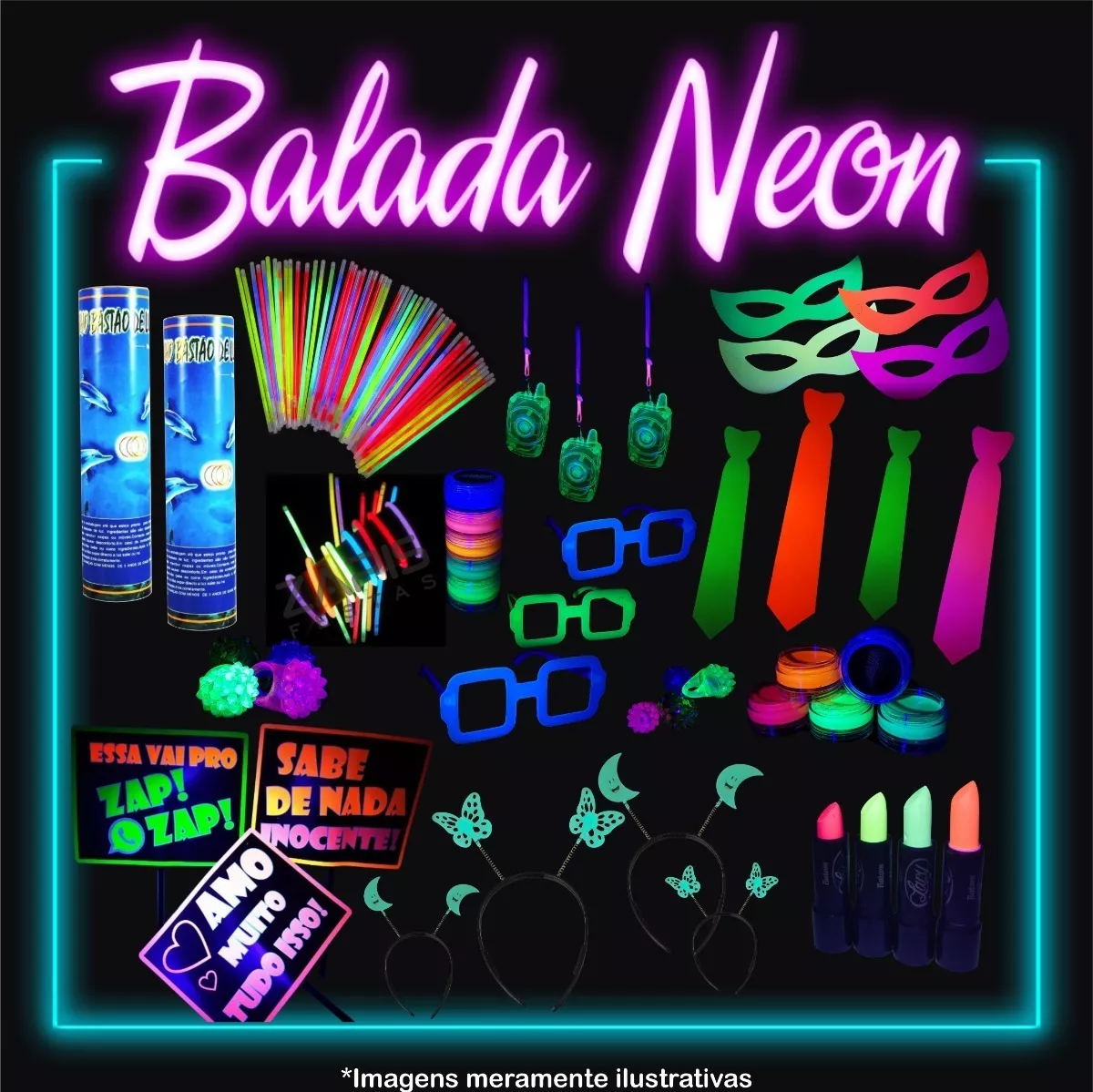 Kit Festa Neon Balada Adereços 148 Itens + Maquiagem Neon
