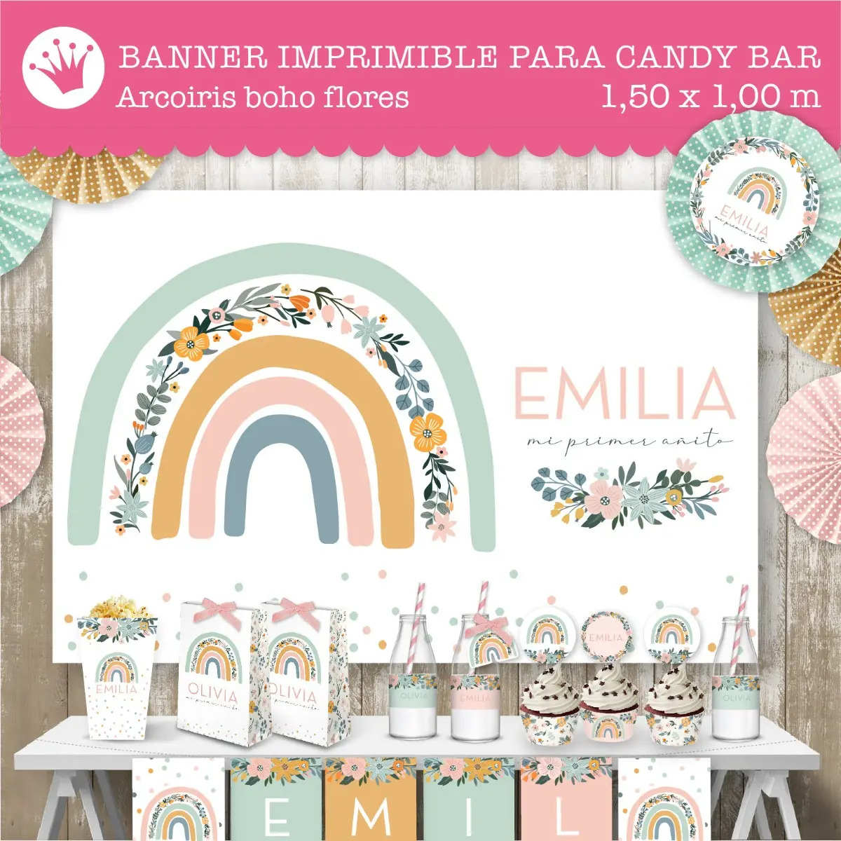 Banner Arcoiris Boho Flores Amarillo Pastel Para Imprimir