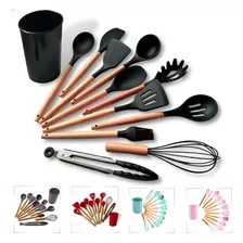 Kit C/12 Utensílios De Cozinha Silicone Cabo Madeira