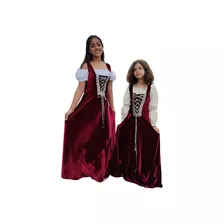 Vestido Medieval Camponesa Mãe E Filha Luxuoso Bordô 