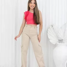 Calça Jeans Juvenil Menina Wide Leg Cargo Envio Rápido