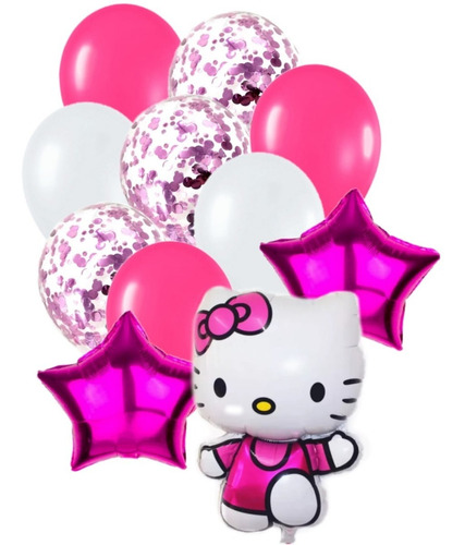 Set Globos Metalizados Hello Kitty Estrellas+ Confetis 12pzs