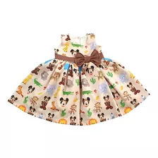 Vestido Mickey Safari Bege Festa Infantil Meninas