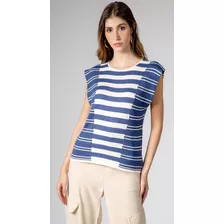 Blusa Maria.valentina Decote Redondo Cavada Tricôt Azul