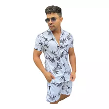 Conjunto Masculino Camisa Estampada + Shorts Moda Praia 