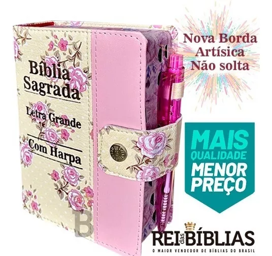 Biblia Letra Grande C/harpa E Botão - Floral E Rosa 16x12cm