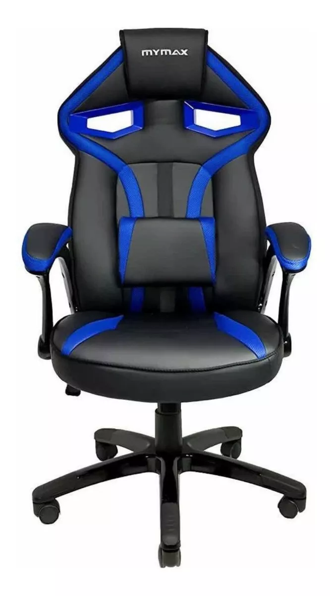 Cadeira De Escritório Mymax Mx1 Gamer Ergonômica Preto E Azul Com Estofado De Couro Sintético