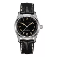 Reloj De Pulsera Hamilton Khaki Field H70605731 De Cuerpo Color Plateado, Analógico, Para Hombre, Fondo Negro, Con Correa De Piel Color Negro, Bisel Color Plateado Y Hebilla Simple