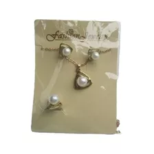 Set Joyas Fantasia Perlas Aretes Anillo Cadena Y Pendiente