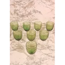 Antiguas Ocho Copas De Cristal Color Verde