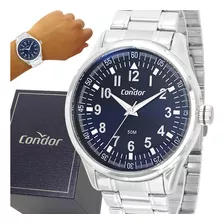 Relógio Masculino Condor Prata Prova Dagua Original Cor Da Correia Prateado Cor Do Bisel Prateado Cor Do Fundo Azul-marinho