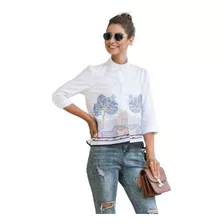 Blusa Formal Dama Casual Blanca Con Bordada De Mangas Larga