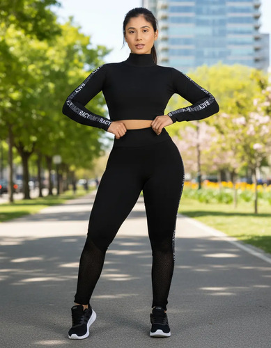 Conjunto Moda Fitness Feminino Calça E Top Manga Longa