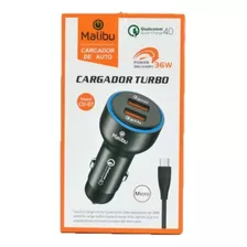 Cargador Usb Auto Micro Con Cable Carga Rapida 4.0 Premium Color Negro