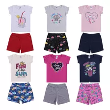 Kit Com 6 Conj Infantil Blusa+shorts Roupas De Menina 1/16