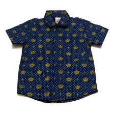 Camisa Social Azul Rei Dourado Curta Infantil Menino 1a4 Ano