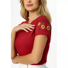 Camiseta Feminina T-shirt Algodão Flor Amarela Bordado Manga