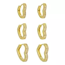 Trio Brinco Argolinha De Coração Zirconia Banhado A Ouro 18k