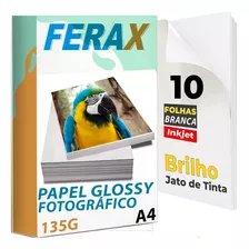 10 Folhas Papel Fotográfico Adesivo 135g Brilhante Glossy Cor Branco