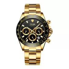 Relógio De Pulso Tevise T822a Com Corpo Dourado, Analógico, Para Homem, Fundo Preto, Com Correia De Aço Inoxidável Cor Dourado, Agulhas Cor Dourado E Branco, Subdials De Cor Dourado, Subesferas Cor 