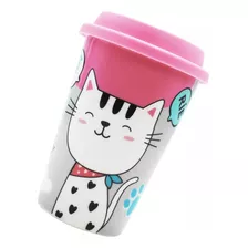 Vaso Termo Para Café Con Tapa Porcelana Diseño Gato 400ml Color Gato Tapa Rosa