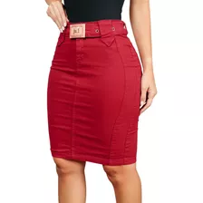 Saias Jeans Colorida Moda Feminina Cristã Midi Cor Vermelha 