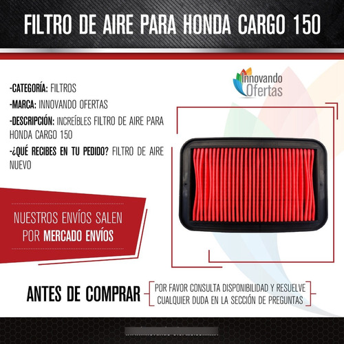 Filtro Dee Aire Para Honda Cargo 150 Foto 2