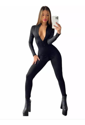 Catsuit Black Enterizo Mono Manga Larga Con Cierre Lycra