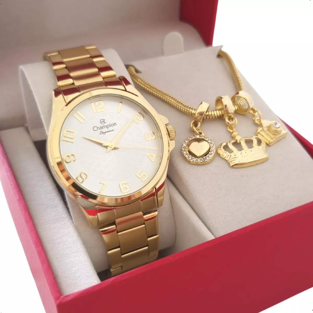 Relógio Champion Feminino Dourado Luxo + Pulseira Berloque